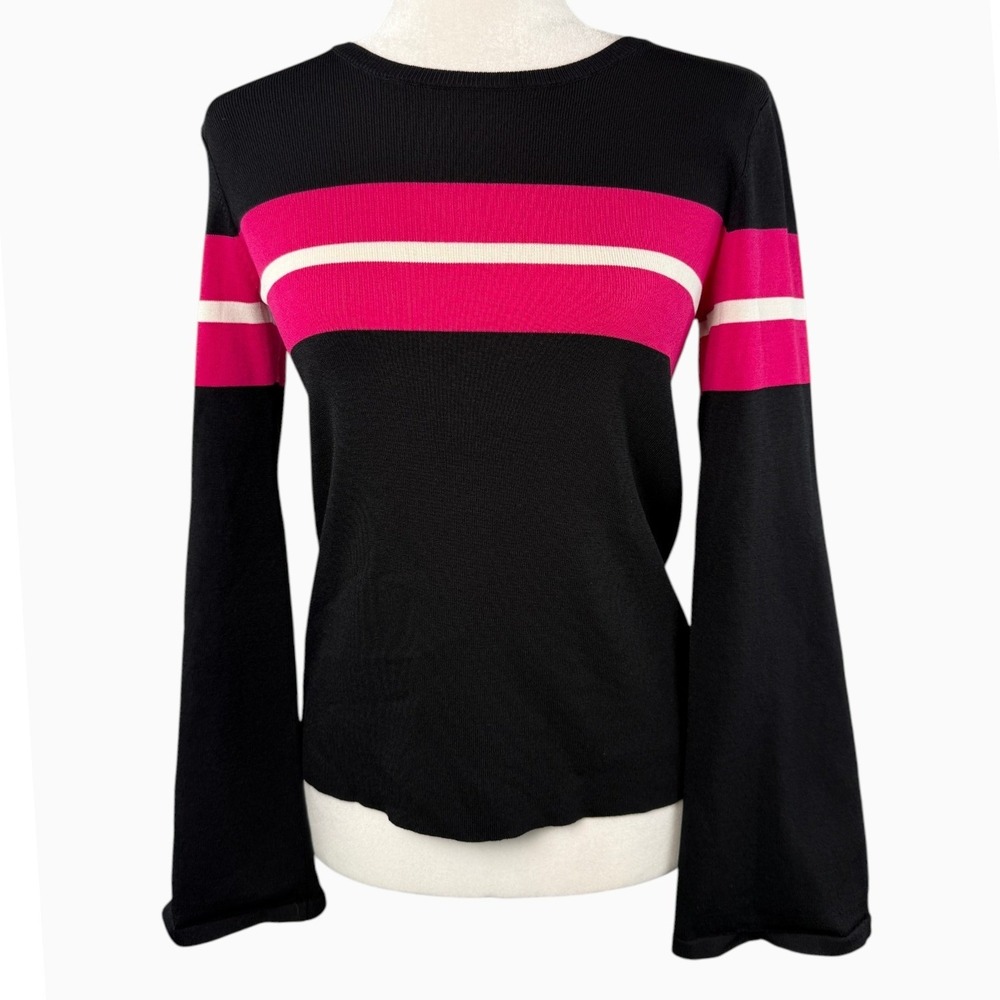 Bar III XS Black Pink White Colorblock Stripe Bell Sleeve Sweater Top
